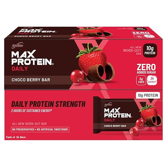RiteBite Max Protein Daily Choco Berry Protein Bars with 10g Protein, 5g Fiber and 21 Vit. and Minerals | 0 Added Sugar, No Cholesterol and Trans Fat For Upto 2h of Energy, Healthy Snack, 50g (Pack of 24)